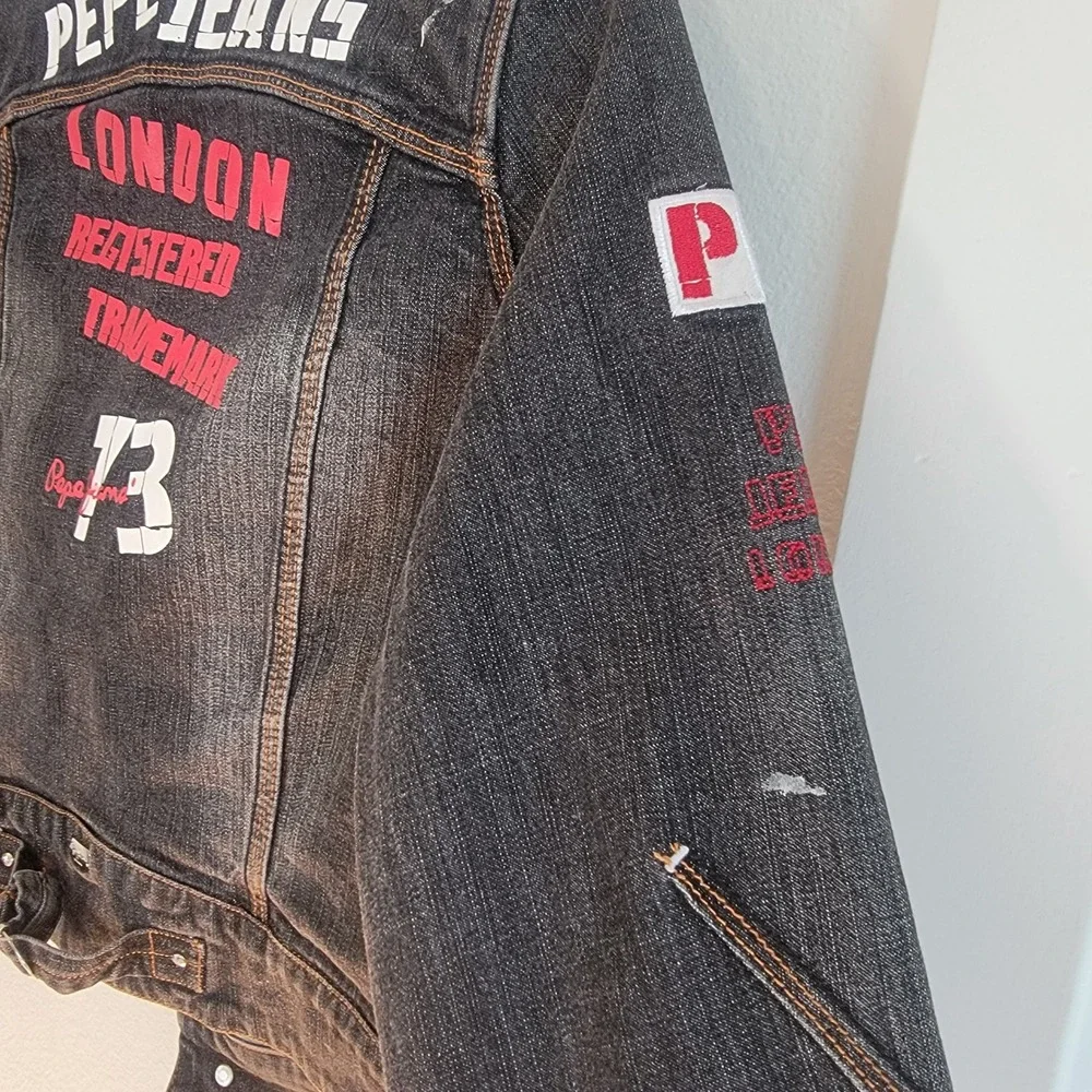 Pepe Jeans London Mens Distressed Denim Jacket Black Punk Graphic Patches Size M